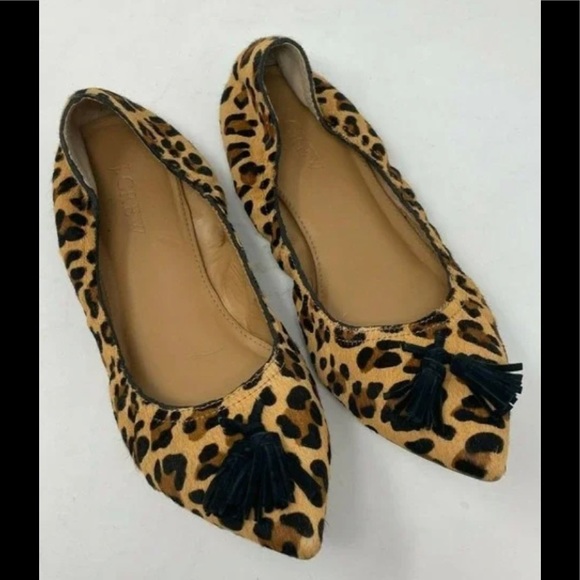 J.Crew Calf Hair Tassel Leopard Print Stretch Flats